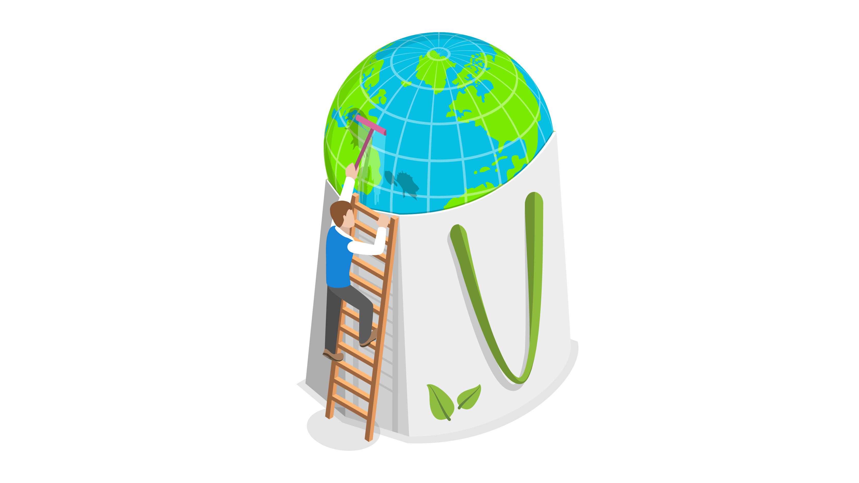 graphic image of man pushing a globe into a white bag