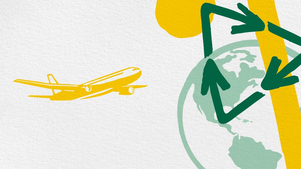 Un'illustrazione di un piano che vola in tutto il mondo con un logo di riciclaggio
