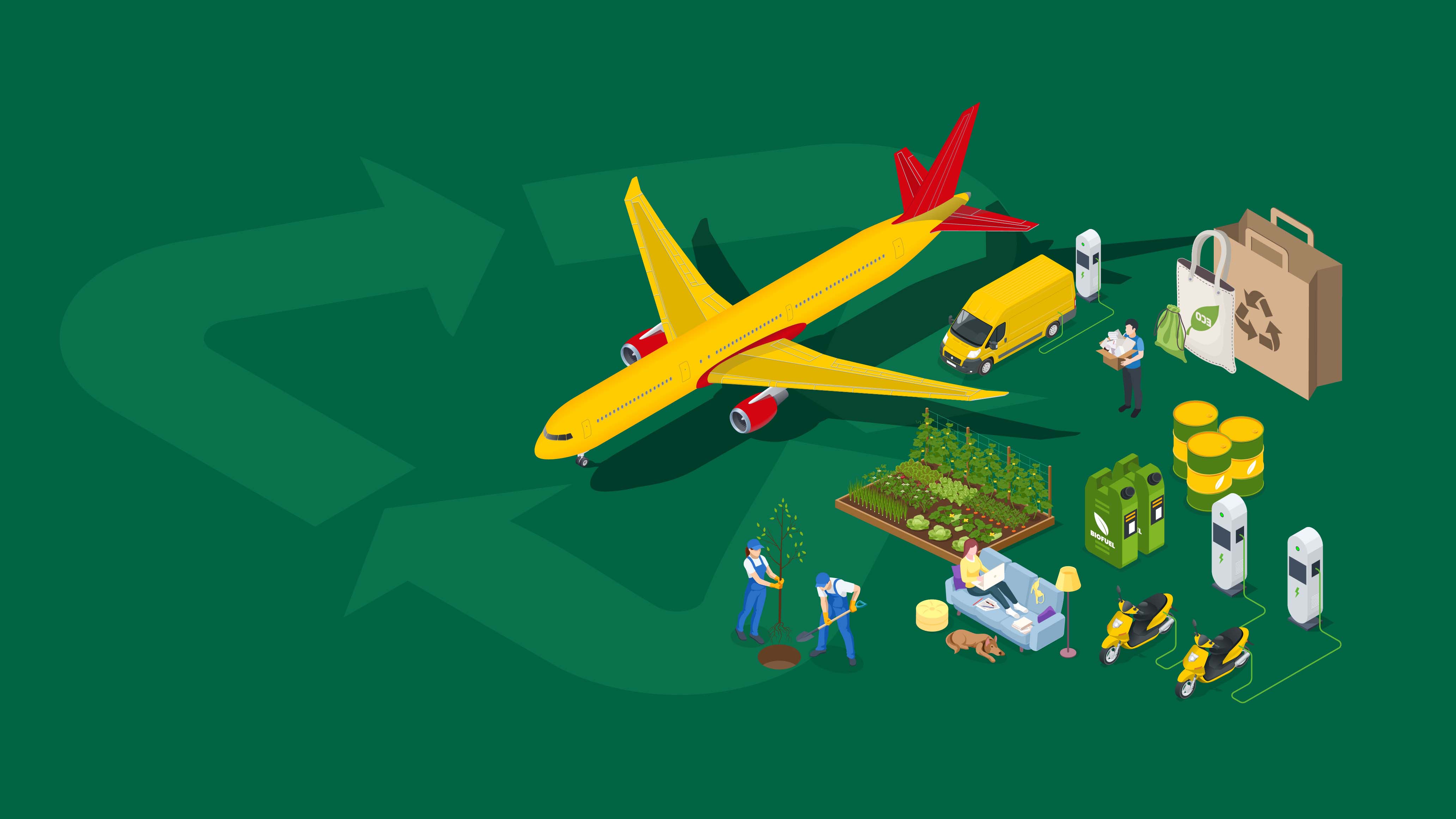 Graphic image of DHL plane and sustainability icons