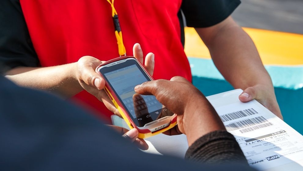 dhl express courier requesting customer signature for on-demand courier service