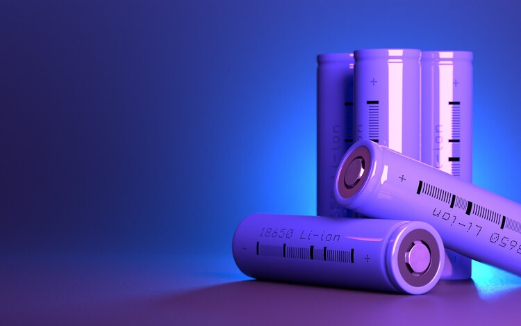 5 cylindrical li-ion batteries type 18650 on the table. Wide dark blue banner with space for text. Rechargeable lithium-ion batteries for electrical devices.