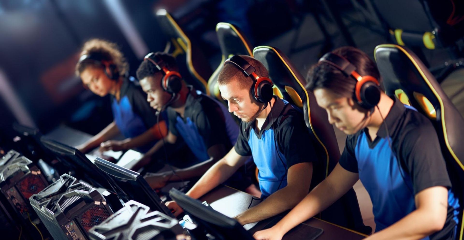 a team of focused gaming professionals at an esports events
