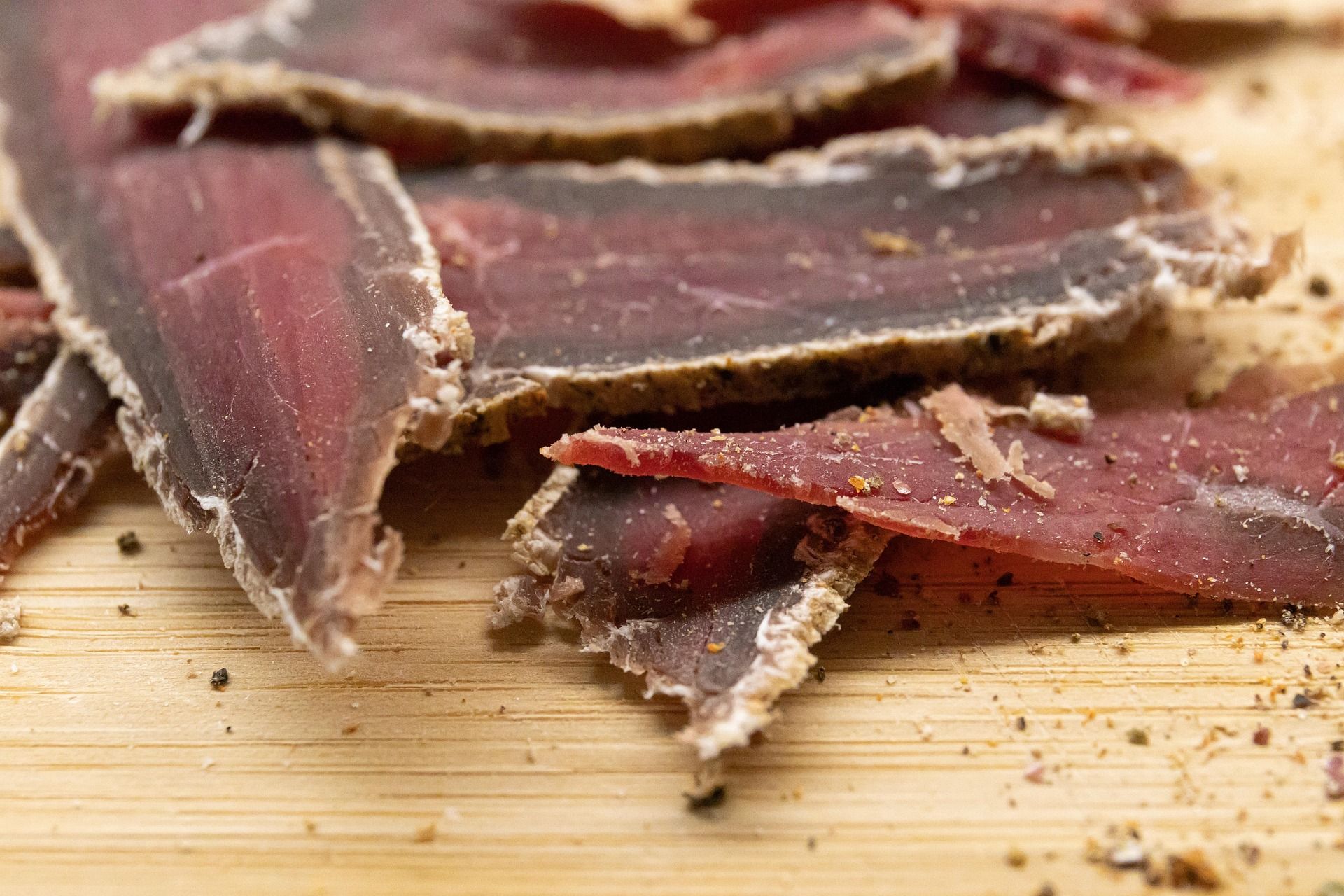 close up photo of strips of dry aged beef, a popular snack