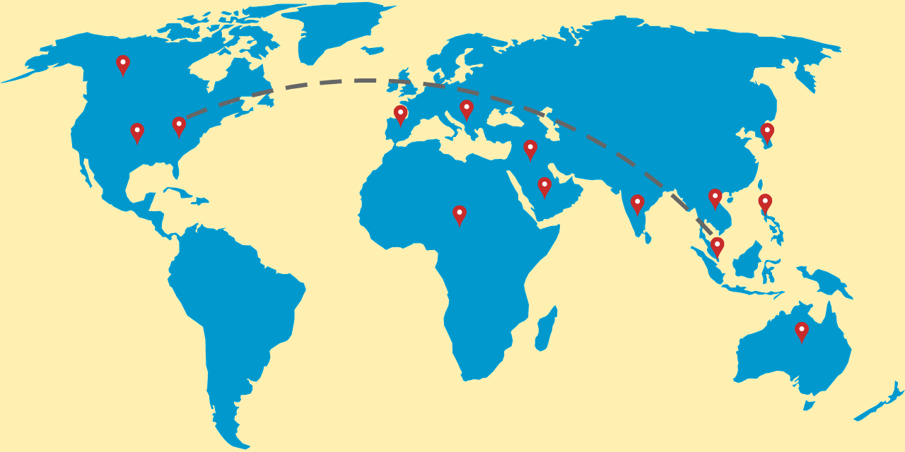 world map with pinned locations