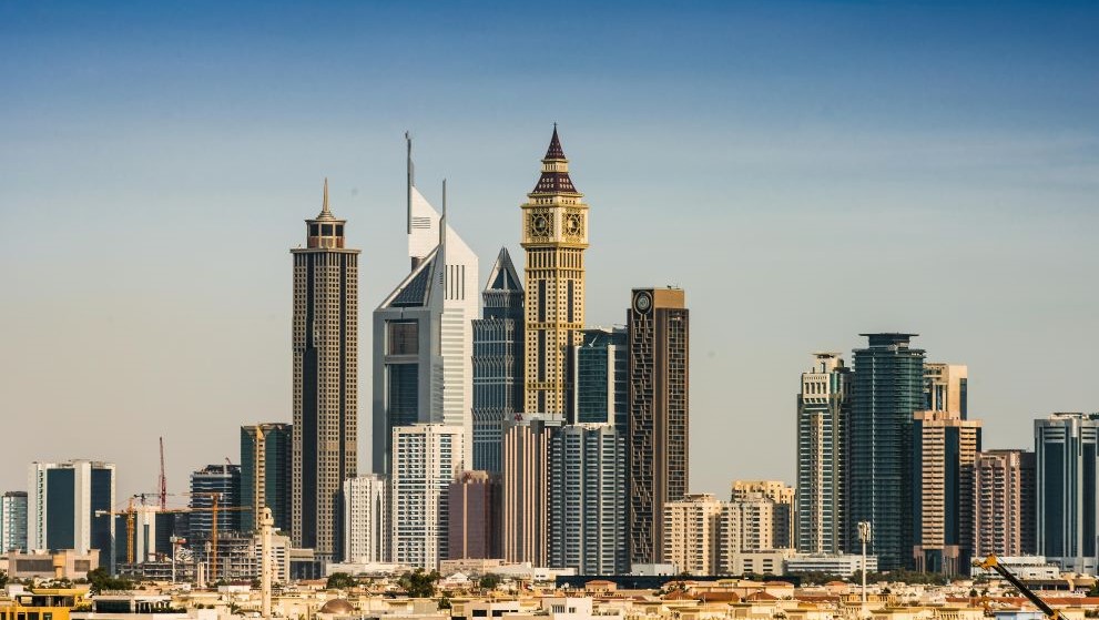 Wide shot of the Dubai city skyline in the UAE