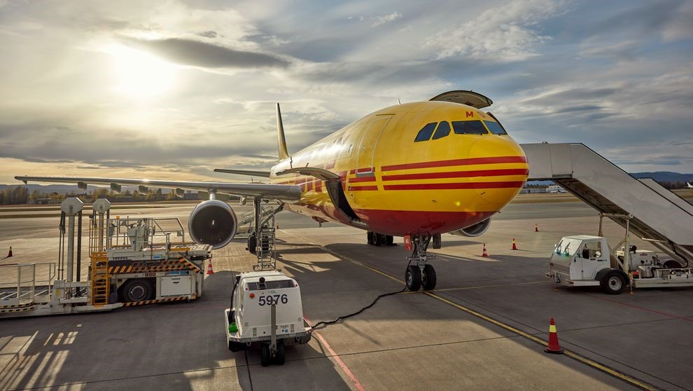 a DHL plane ready for international shipping
