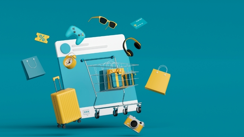 Çevrimiçi alışveriş konsepti, yüzen seyahat ve teknoloji ürünleriyle