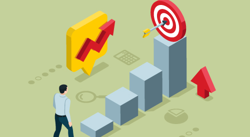 illustration of an arrow in a bullseye, with a man walking up the steps to achieve the goal