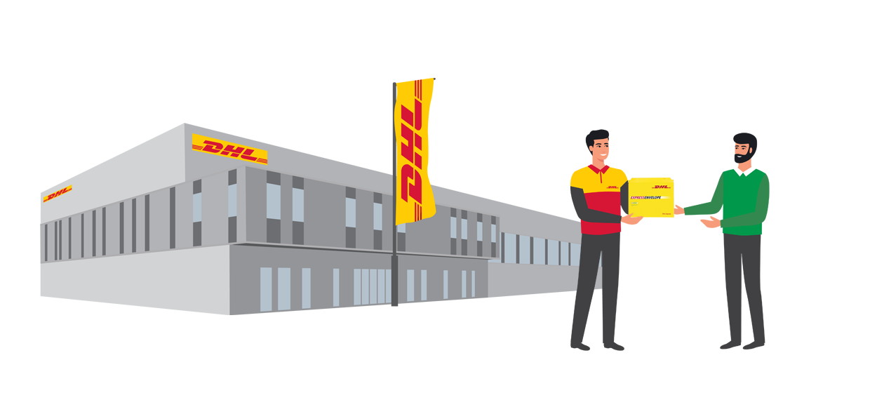 DHL courier holding a box at a DHL location