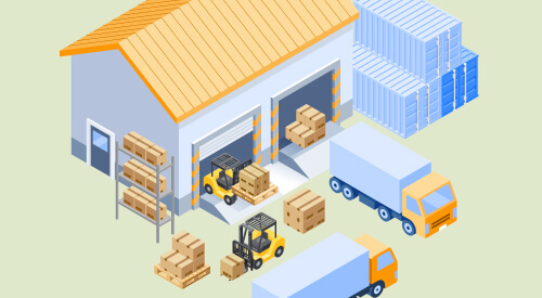 Illustration of warehouse loading boxes onto trucks