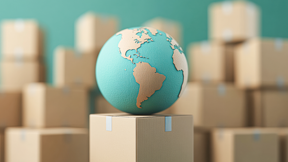 Planet earth representation with the american continent on top of a box