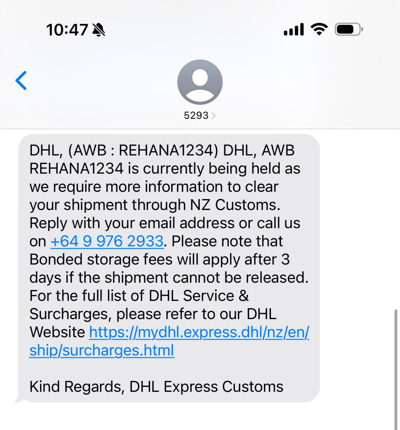 Text message example of a DHL Customs Text