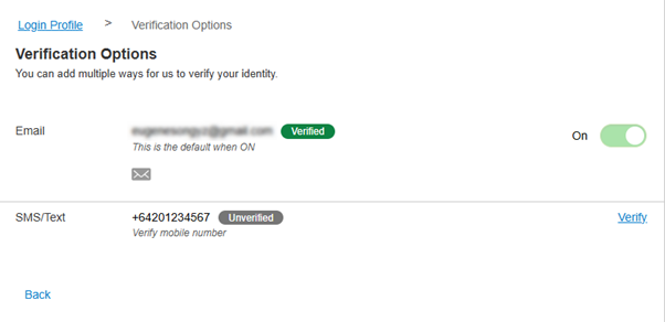 Screenshot of verification options