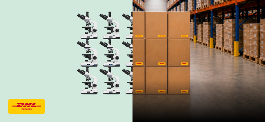 Nine laboratory microscopes and nine DHL shipping cartons displayed side by side in a warehouse, representing DHL Heavyweight Express solutions for specialized equipment