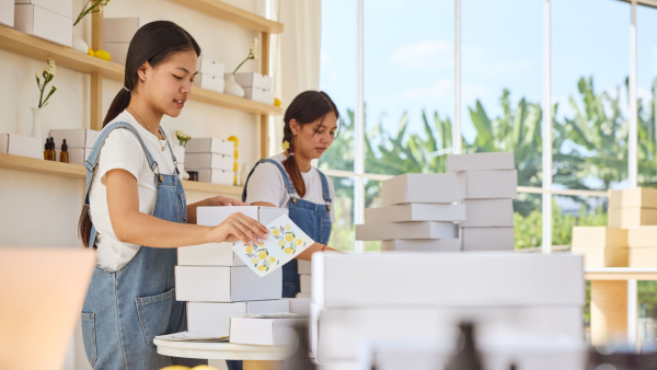 店舗で商品の返品処理をする２人の女性社員