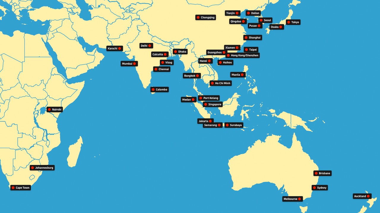 Kaart met reeferstations in Azië, Afrika en Oceanië