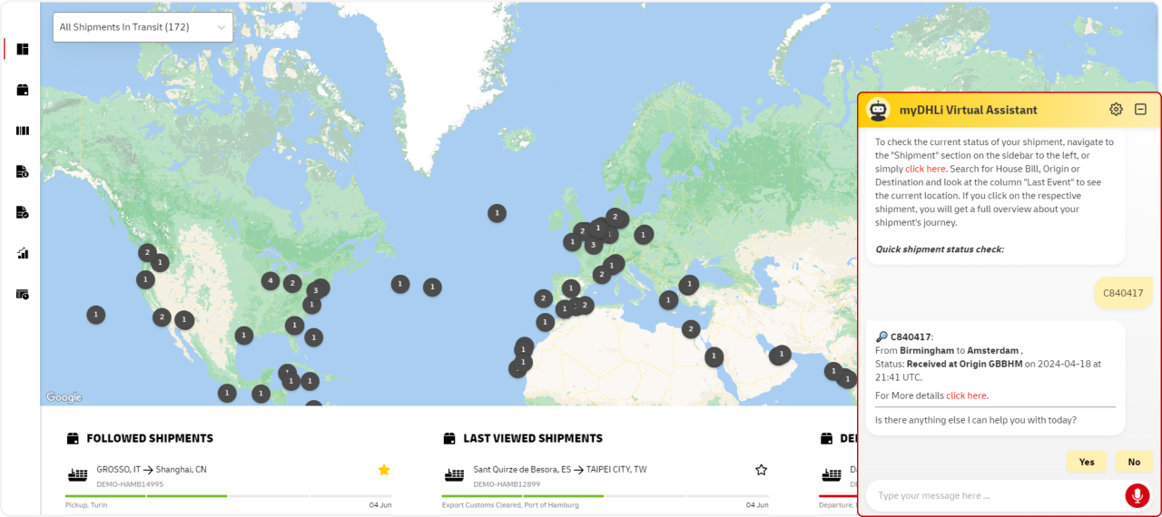 Computer screenshot shows a map view of international shipments. A chat box with an AI assistant is highlighted in red.